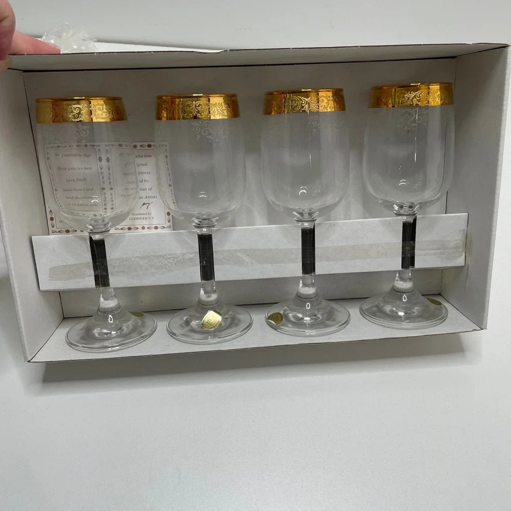 New Cellini Crystal Stemware Set 4 Wine Glasse 24K Gold Italy 7.5in Wedding Gift